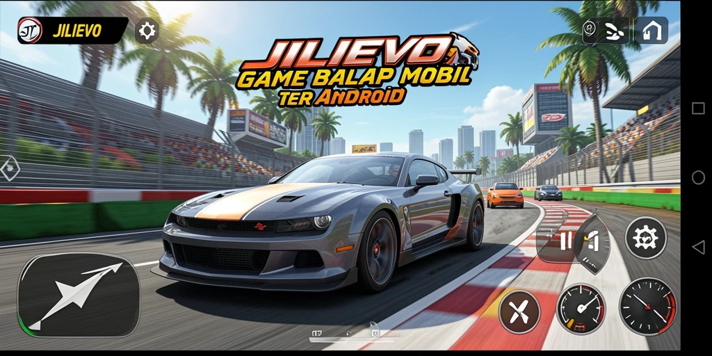 Tampilan gameplay balapan di JILIEVO dengan mobil kencang.